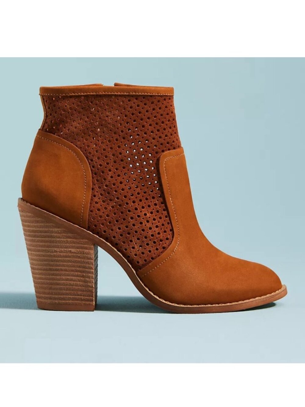 Anthropologie Suede Perforated Leather Ankle Boots Cognac Size 6.5